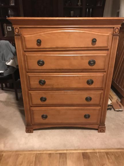 Full size bed frame, matching dresser and boxspring for sale in Huntley IL