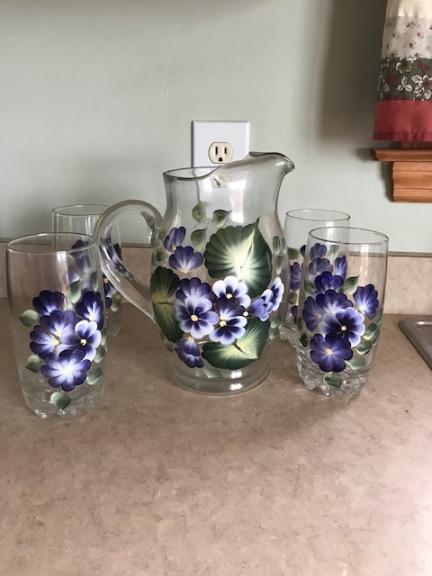 Hand painted glass pitcher set