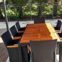 Teak and resin outdoor table andeight chairs for sale in Tinton Falls NJ by Garage Sale Showcase member Cameron0426, posted 10/13/2018