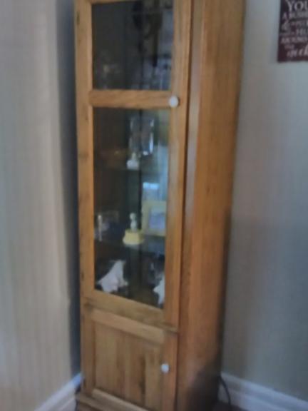 2 Oak Lighted Curio Cabinets