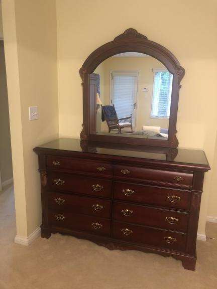 Queen bed, dresser, chest.