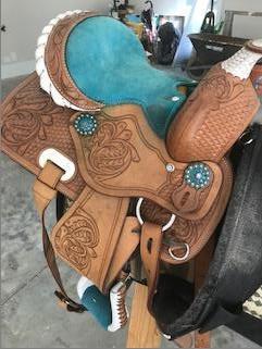 HAND MADE.  BLUE LEATHER SADDLE TACK WESTERN YOUTH KIDS SADDLE TACK SET for sale in Bogart GA