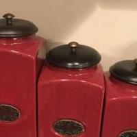 Pier Imports Red 3 Piece Ceramic Canisters for sale in Hillsborough NJ by Garage Sale Showcase member Yardley, posted 11/30/2019