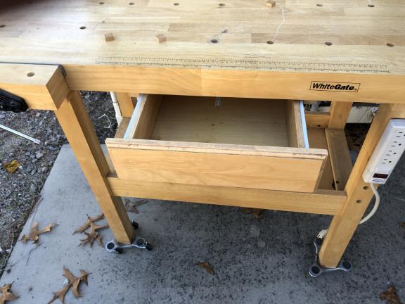 Oak workbench with drawer power strip 2 vises