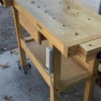 Oak workbench with drawer power strip 2 vises for sale in Pinehurst NC by Garage Sale Showcase member Billpace1950, posted 01/01/2020