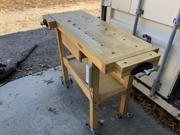 Oak workbench with drawer power strip 2 vises for sale in Pinehurst NC