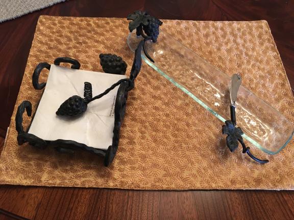 Cast Iron Napkin Holder & Cheese Tray W/Knife