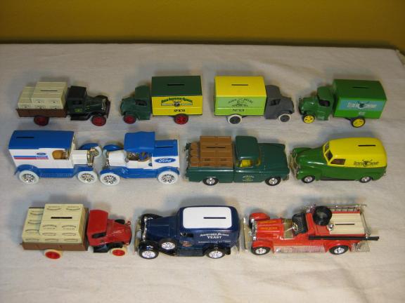 MACK CHEVY AND FORD JOHN DEERE ERTL COIN BANK TRUCKS