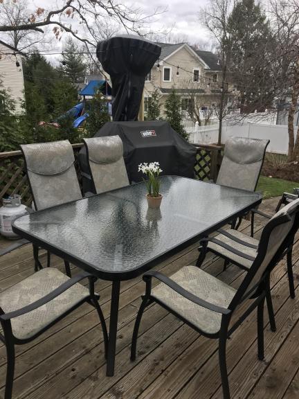 Glass top patio dining table & 6 chairs for sale in Fair Lawn NJ