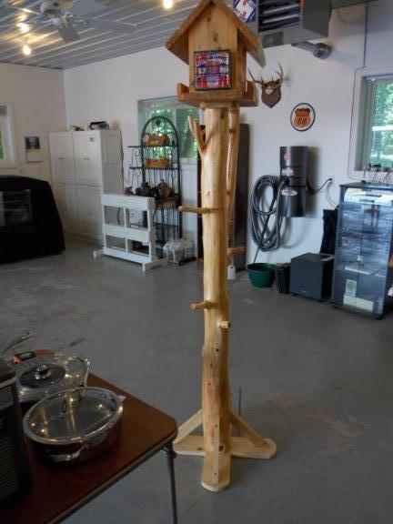 Rustic White Cedar Pole w/bird feeder